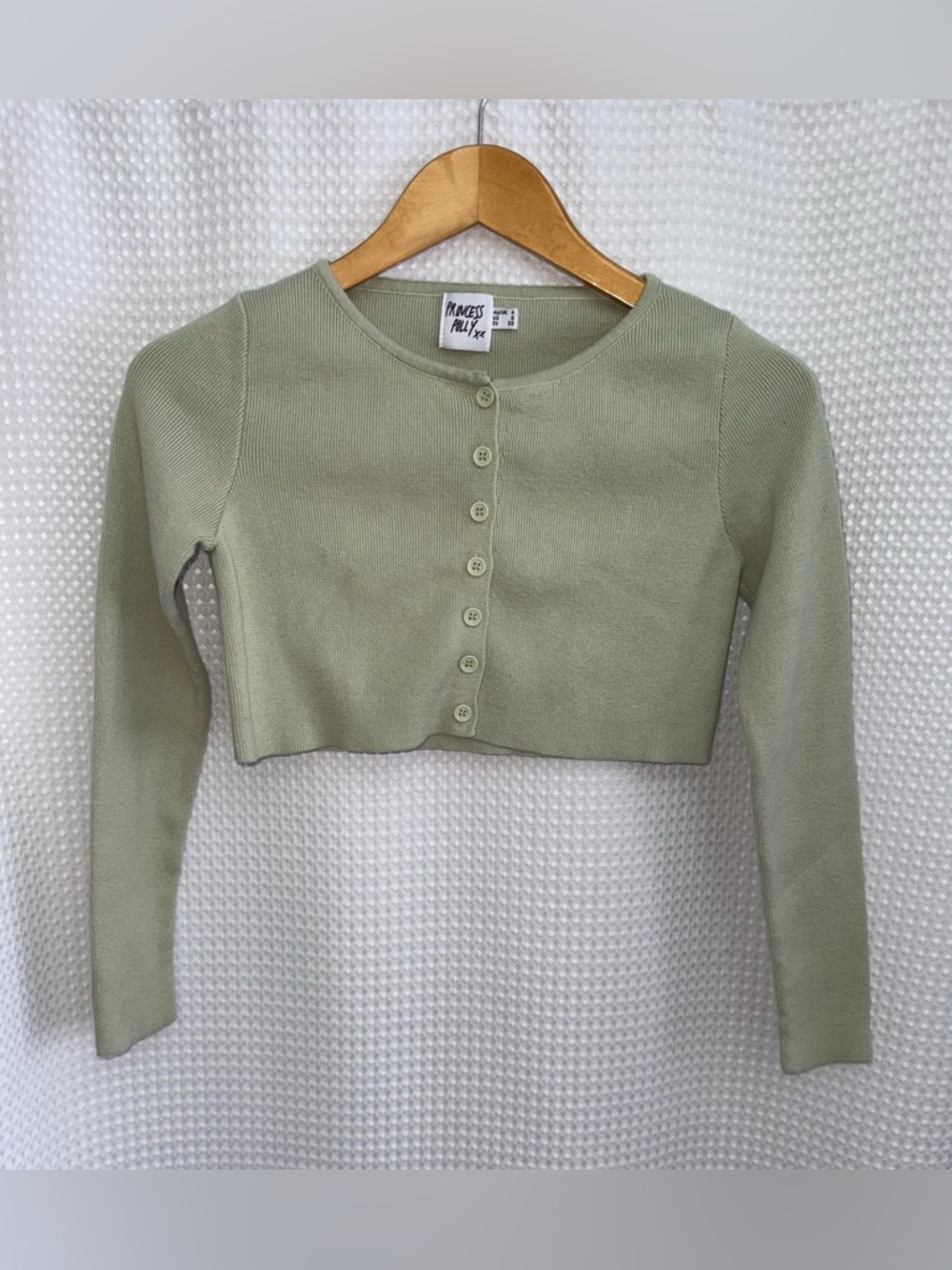 Princess Polly Cropped Ribbed‎ Cardigan Sage Green Button Front Size 0 - Picture 2 of 11